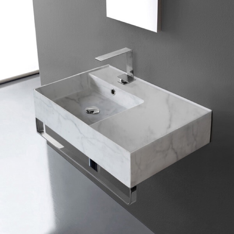 Scarabeo 5114-F-TB Marble Design Ceramic Wall Mounted Sink With Counter Space, Towel Bar Included